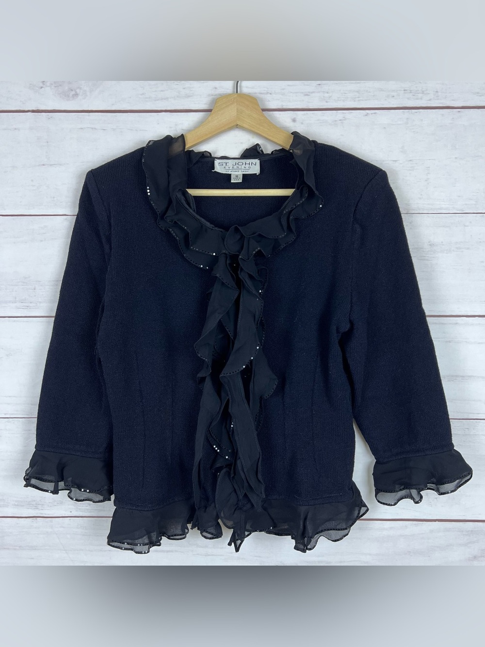 St. John Evening Jacket Silk Wool Ruffle Peplum Sparkle Black Full Zip Size 16
